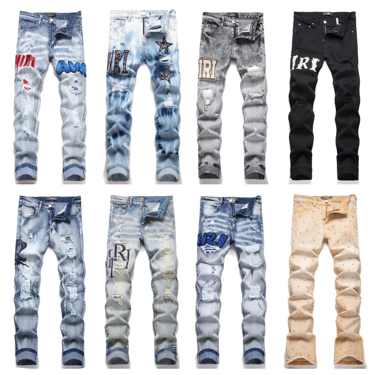 amirijenas jeans Luxury Brand Designer Clothes High Street Black Cross Rhinestone Distressed Jeans For Men With Skull Print Slim Fit Casual Pants amirirjeansly