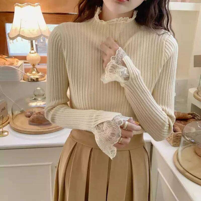 Women Lace Solid Basic Knitted Tops Turtleneck Long Sleeve Slim Casual Pullovers Korean Fashion Chic Autumn Winter Warm Sweater Z260314