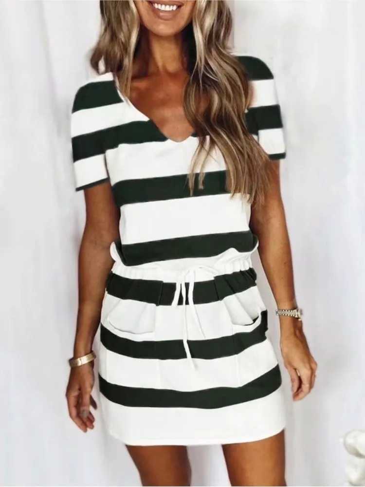 Summer New Stripe Print Mini Dresses Women Comfortable Casual V-neck Drawstring Elastic Waist Dress Lady Commuting Style VestidoT260314