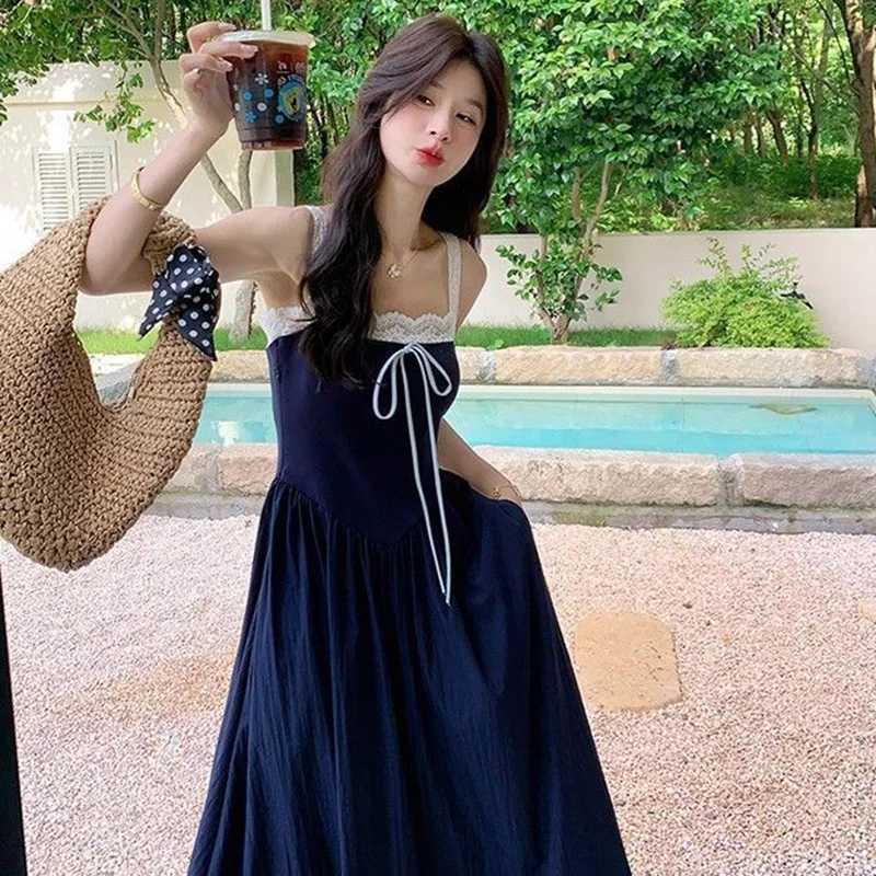 Women Navy Blue Contrast Maxi Dress Lady Lace Trim Square Neck Casual Summer Vacation Dress Female Sleeveless Comfort DressT260314