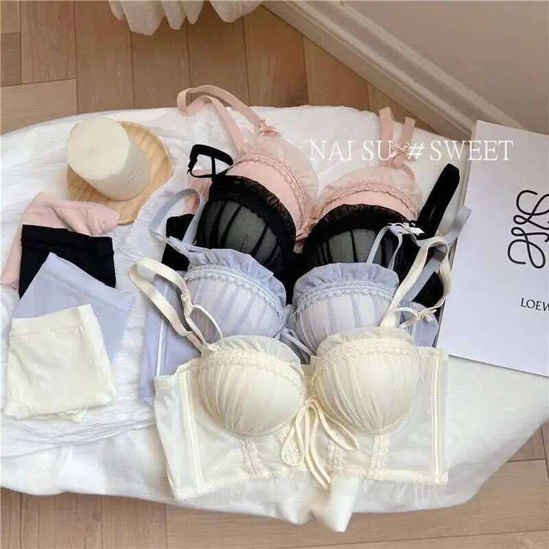 Lolita Bra Women Wireless Push Up Bralette Lace Sexy Lingerie Set for Small Bust Gathering No Underwire MOYISU S-XL
