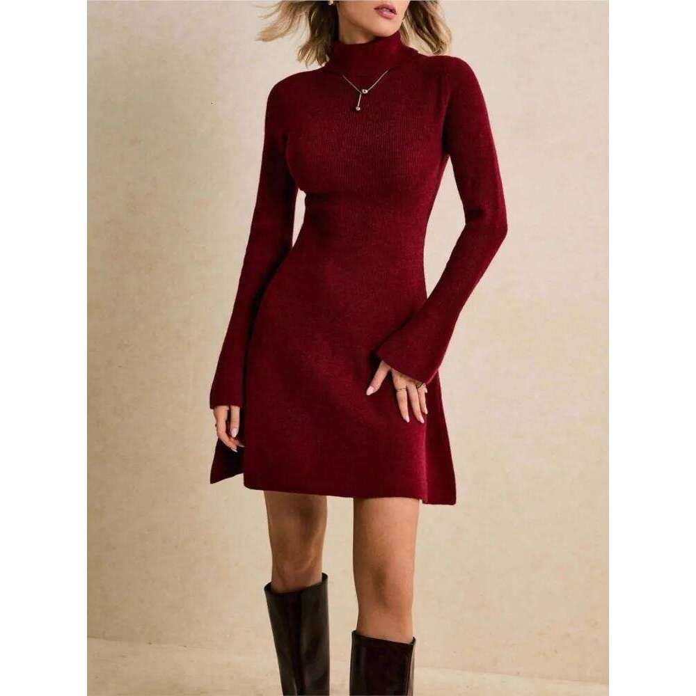 Fashion High-neck Flared Sleeve Knitted Sweater Women's Slimming Elegant Female Hip-hugging Tie One-piece Short Dress 2026 Z260314