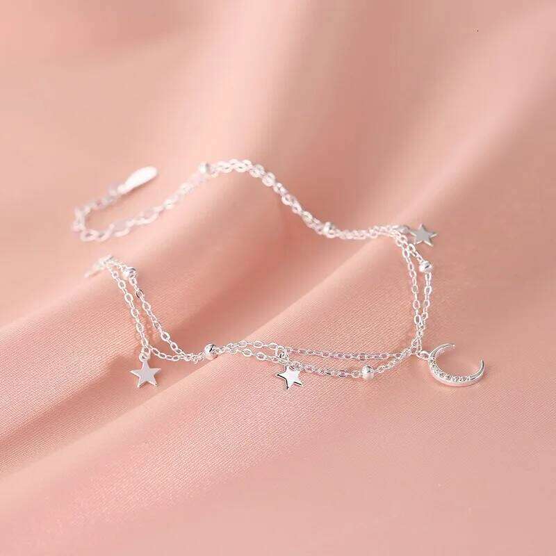 Sweet Temperament Sterling Silver Adjustable Star Moon Double-layer Bracelet for Women Summer Jewelry Accessories Gift Colorfast Z260313