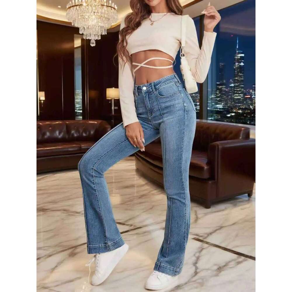 Gray Stretch Womens Flared French Seam Detail Simple Design Versatile Slimming Bootcut Trousers Women's pants Jeans Z260313