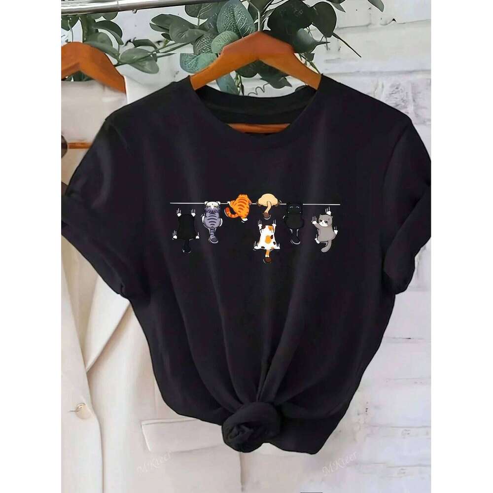 Women's Cute Round Neck Casual T-Shirt White Short Sleeve with Unique Cat Print Clothing Tee Female Tops Z260314