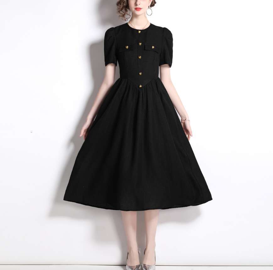 Black Hepburn style long skirt, summer style retro elegant A14 fluffy short sleeved round neck waist slimming A-line skirt