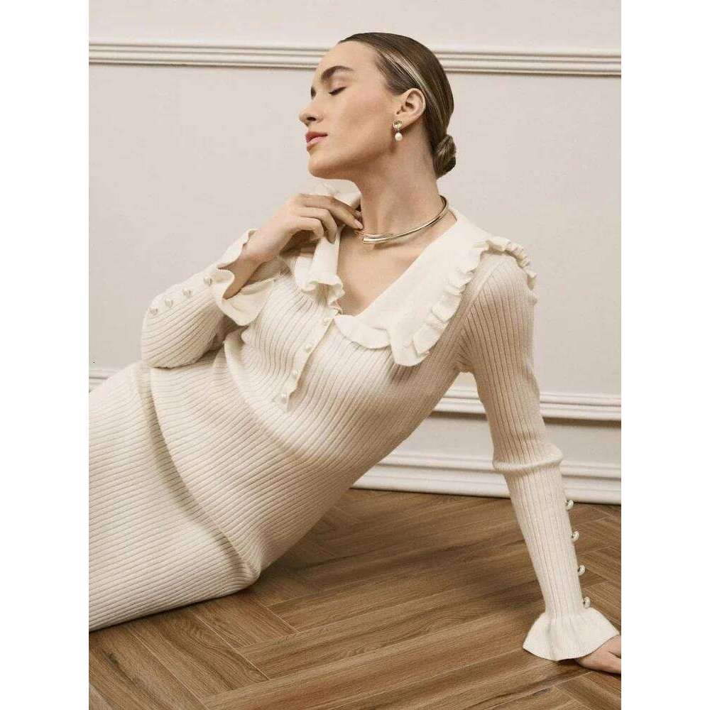 Trendix Ruffle Knit High Waist For Women Autumn Winter Elegant Slim Long Dresses Street Vintage Evening Knitted Maxi Dress Z260313