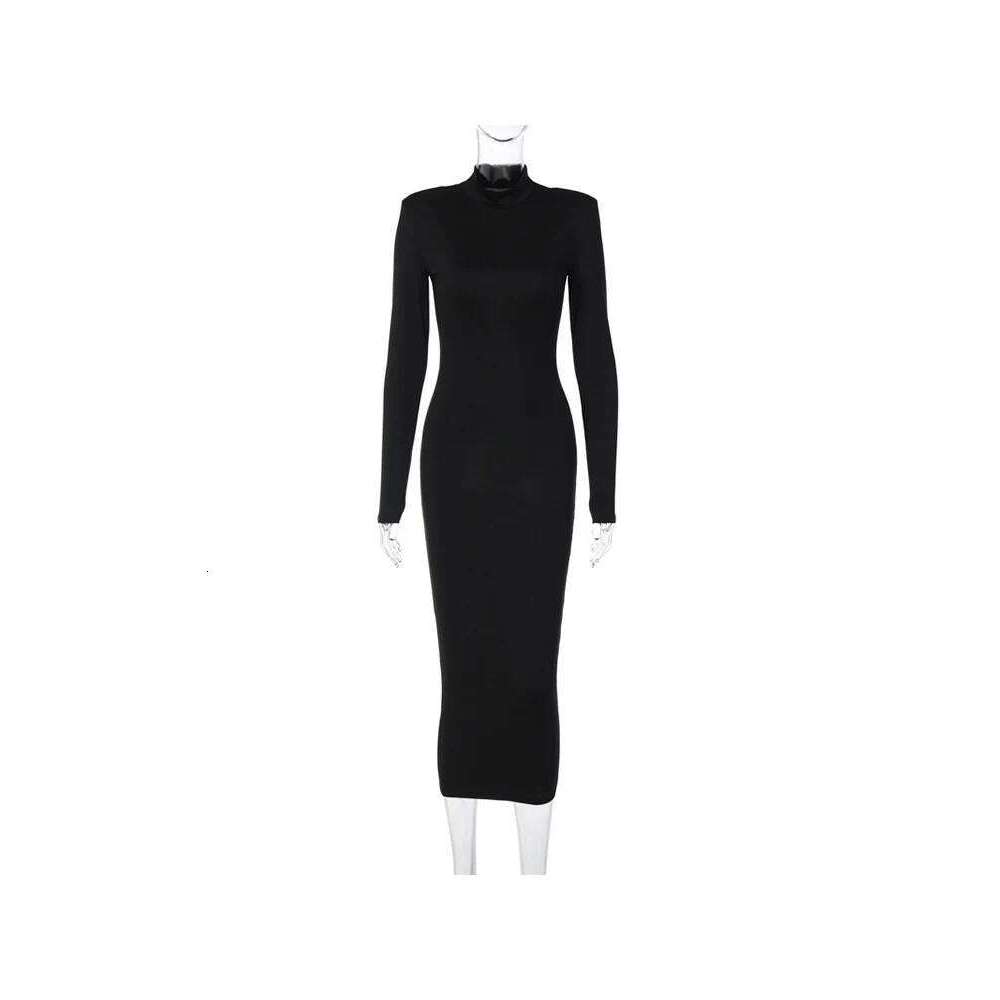 AHAgaga Summer Office Lady Regular Sexy Bodycon Maxi Dress Casual Long Sleeve Black Slim Dresses Women Turtleneck Robes Z260314