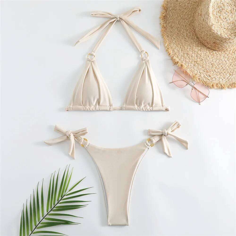 White Ruched Bow Kontted Swimwear Halter Micro Bikini Thong Sexy Swimsuit Women Metal Ring Bathing Suit Bikinis Sets 2025 Bather Y260303