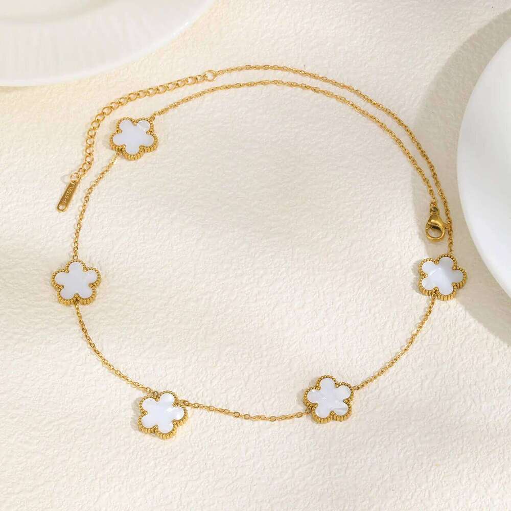 Elegant White Shell Five- Flower Necklace for Women,Gold Color Stainless Steel Necklaces,Dainty Jewelry Mother's Day Gift H260312