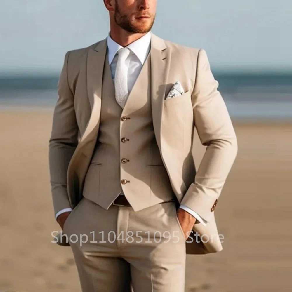 MenS Trend Personality 3 Piece Slim Fit Suits Business Wedding Party Tuxedos Blazer Vest Pants Solid Color Elegant Man Clothes M260313