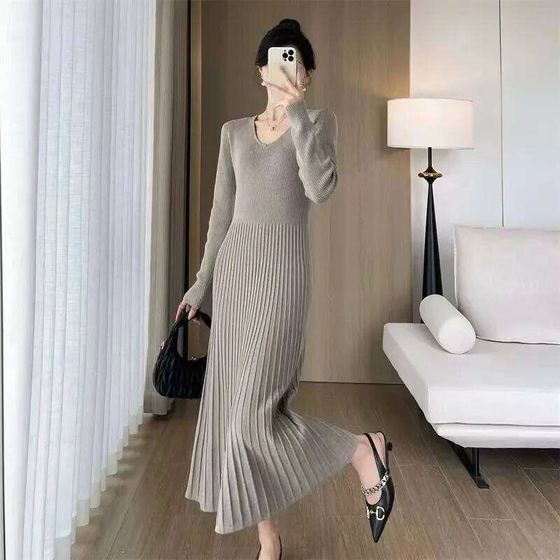Knitted Dress with Coat Women in Autumn Winter Ladylike High-end Waist-cinching Long Skirt Z260314