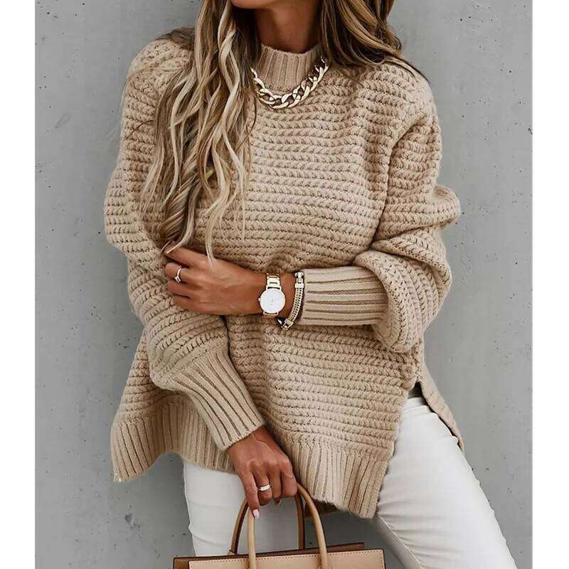 2024 Winter New Fashionable and Casual Women's Half High Collar Solid Color Bundle Hand Side Split Knitted Sweater Z260314