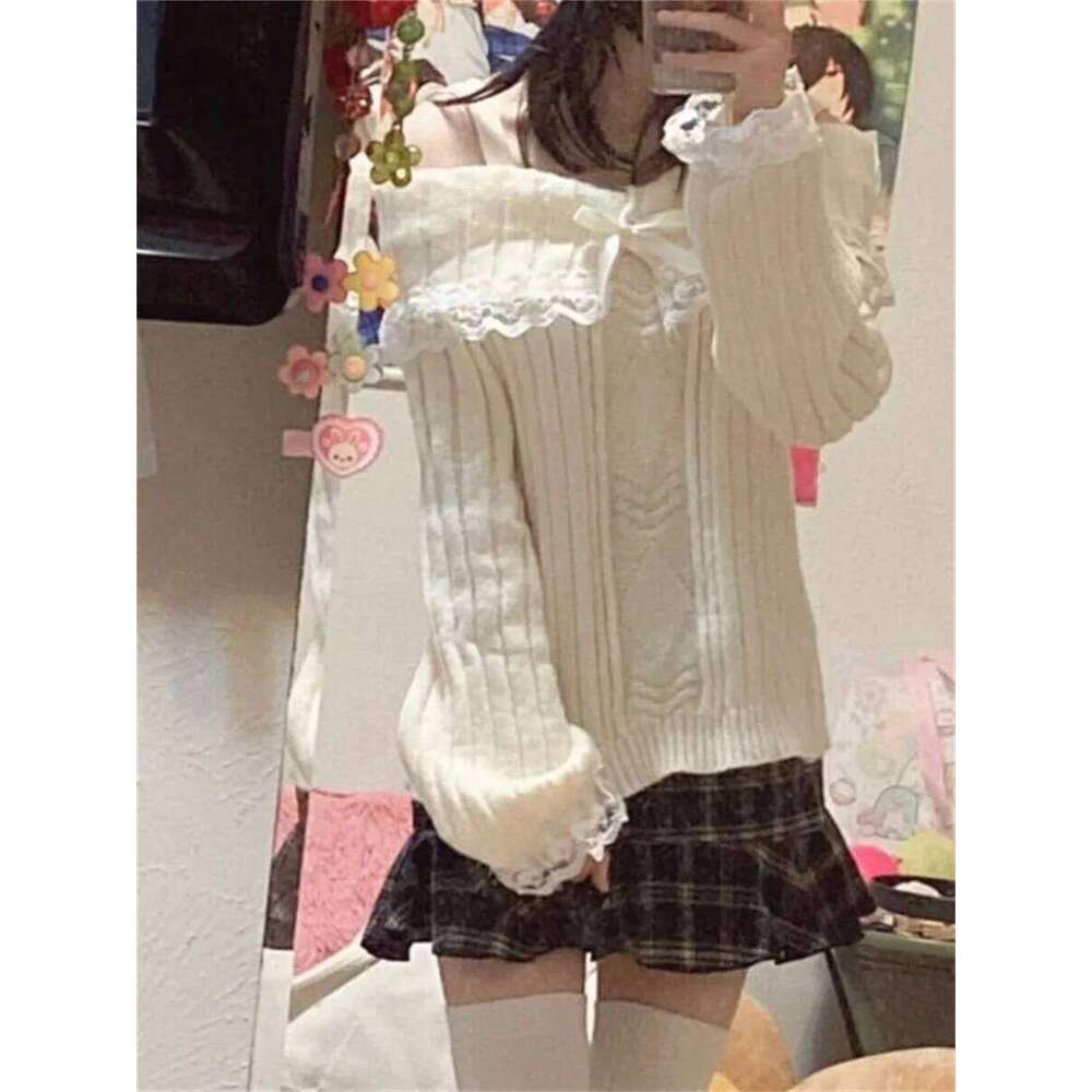 Grunge Women Off Shoulder Knit Sweater Pink Pullover Sweet Pullovers Long Sleeve Bow Lace Patchwork Jumpers Y2k Streetwear Z260313