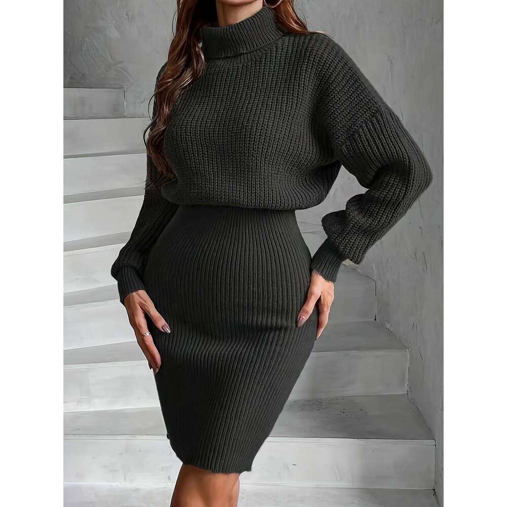 2024 New Versatile High-neck Dropped-Sleeve Sweater Dress Z260313