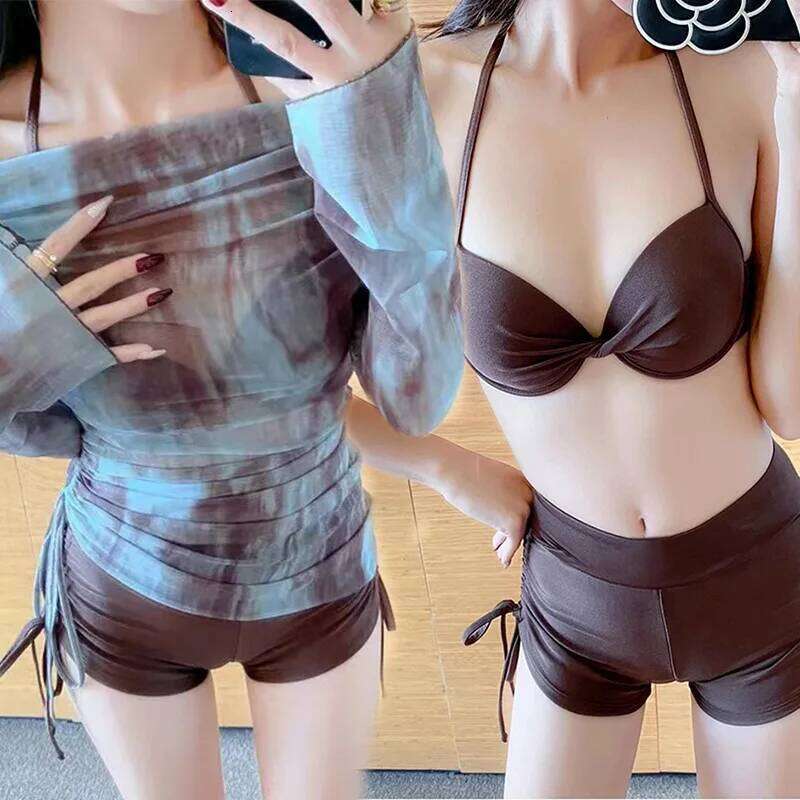 Women's Split Three-piece Long-sleeved Fashion Tie-dye Blouse Sexy Bikini Conservative and Slim Swimsuit 26H0313