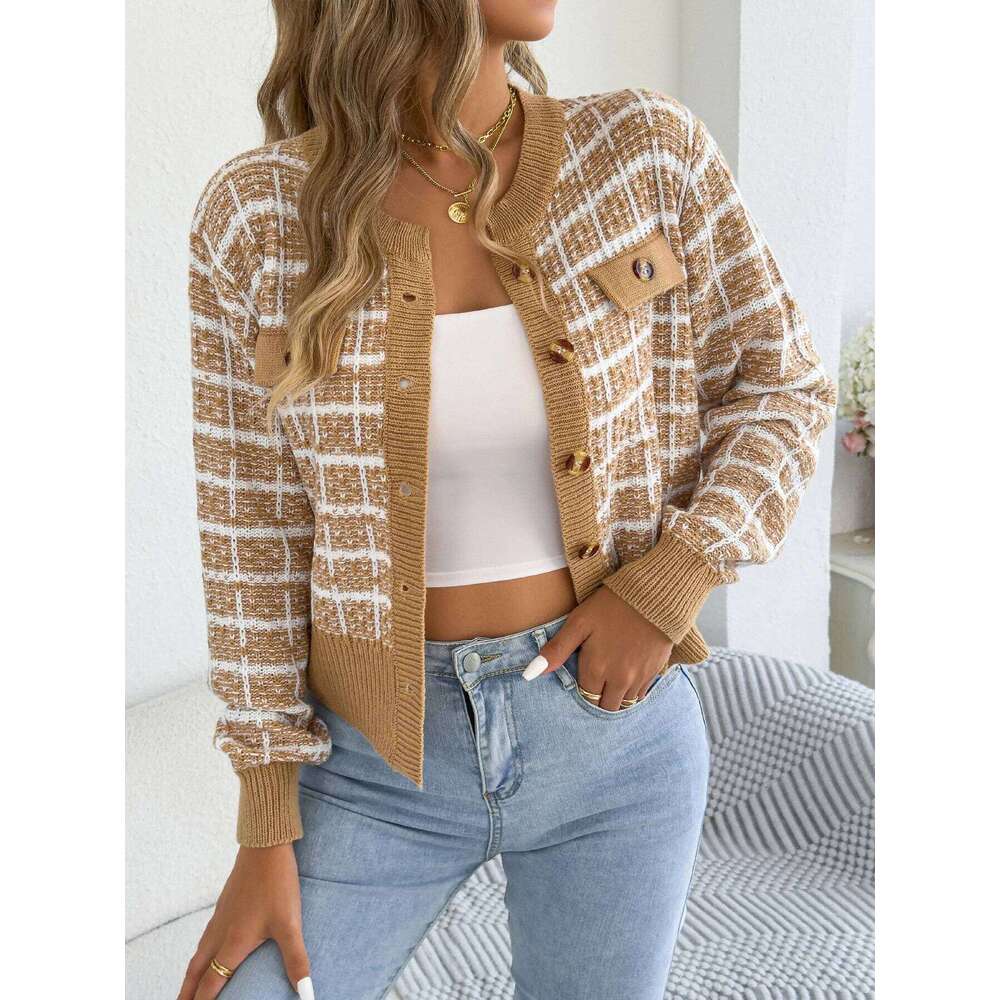 2025 Elegant Contrast Color Plaid Knitted Cardigan Sweater Single Breasted Lantern Long Sleeve Coats Women Autumn Winter Casual Z260314
