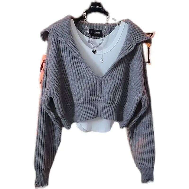 Autumn Jacket Women Sweater Knit Pullover Lazy Y2k Clothes Cropped Tops Long Sleeve Loose Design Knitwear Streetwear Z260313