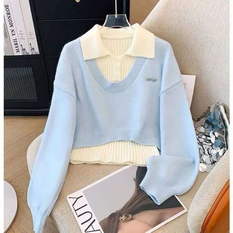 Y2k Two-piece Set Women Knitted Sweater Harajuku Autumn Winter Coat Design Trend Tops Collegiate Pullovers Suits Short Outerwear Z260314