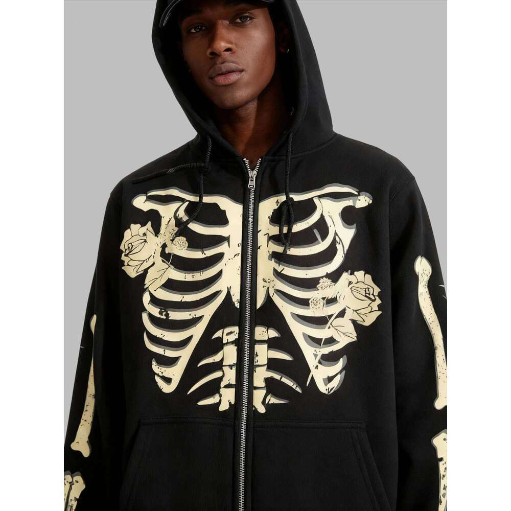 New hooded zip-up Men Winter 100%Cotton skeleton print woman Vintage fleece sweatshirt Casual fall clothes y2k oversized hoodie 26Y0313