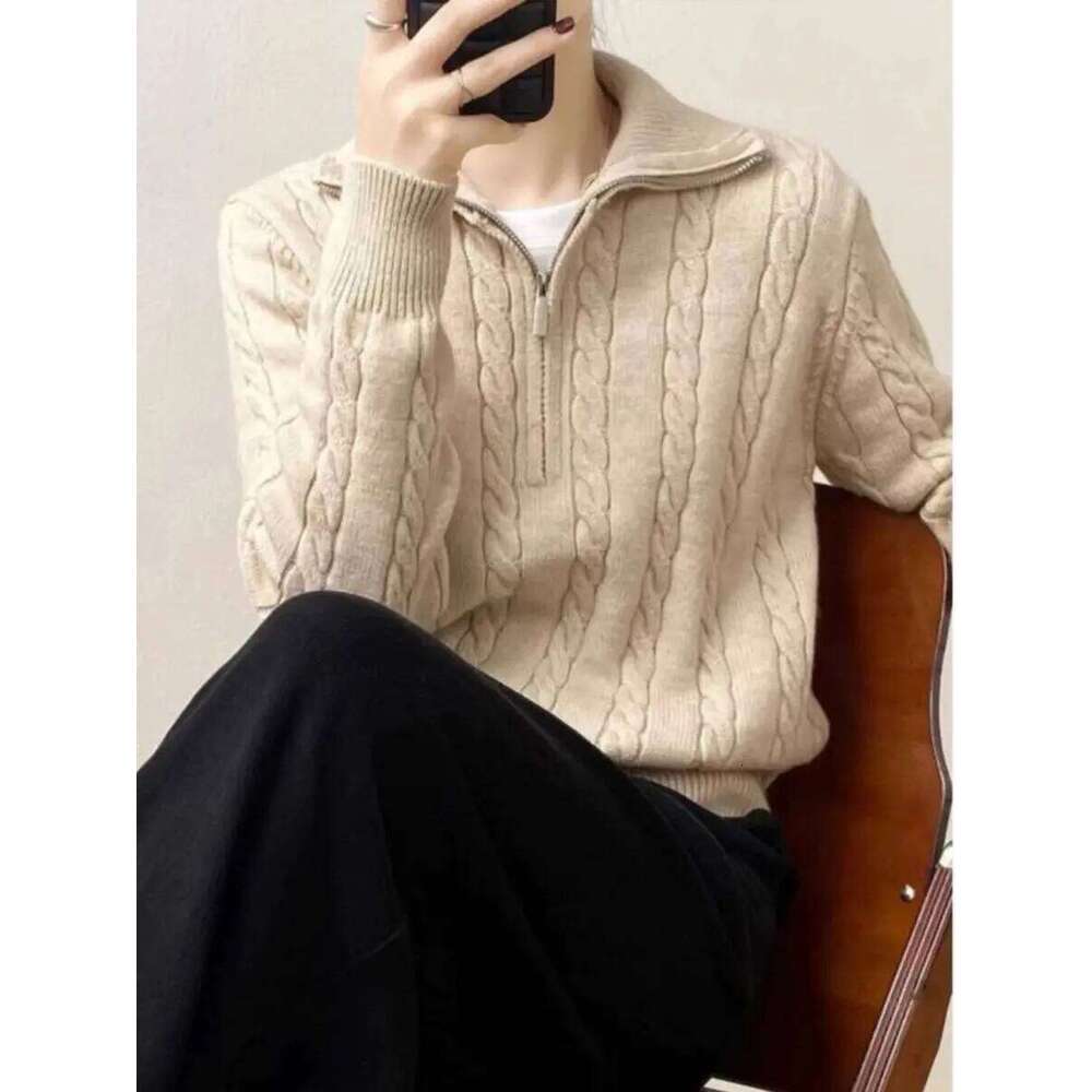 Vintage Cable Knit Half Zip Sweater Women Autumn Winter Thick Lapel Loose Fit Versatile Long Sleeve Cozy Casual Pullover Top Z260313