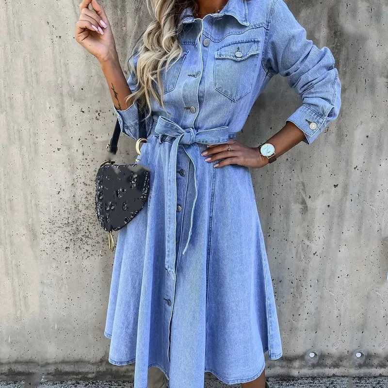 Fall Winter High Waist Casual Denim Dress with Pocket Turn-down Collar Midi Dress Comfortable Regular Fit Womens DressT260314