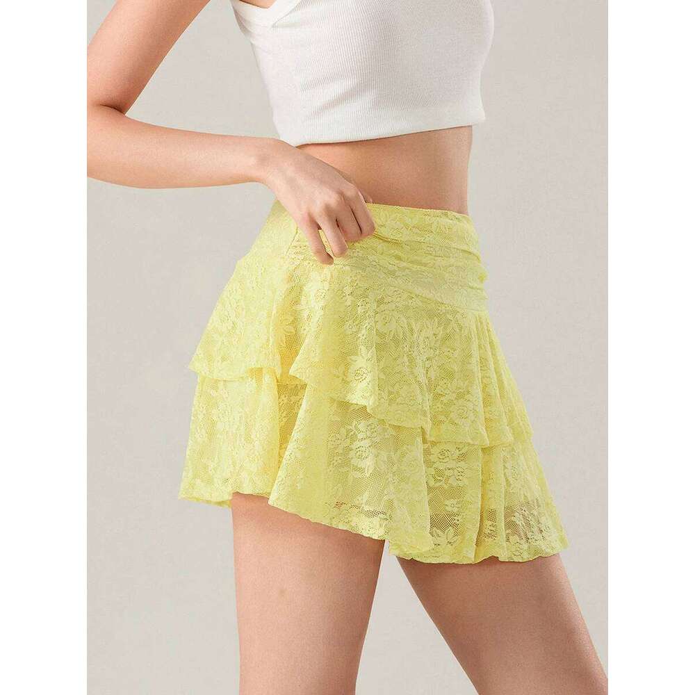 Womens Mini Lace Flower Low Waist A-Line Layered Ruffled Skirt for Daily Party Club Z260314