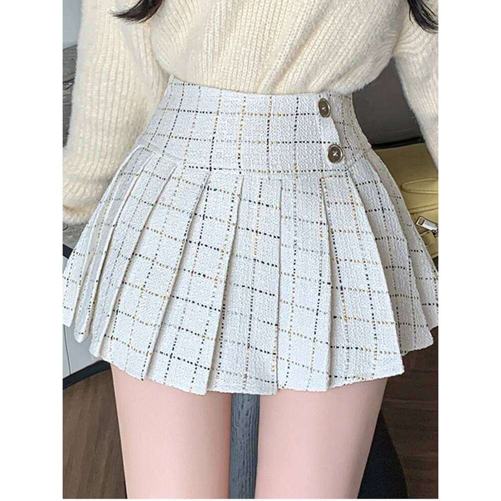 College Style Tweed Plaid Vintage Jk Mini Skirt For Women Autumn Winter Office OL Pleated Short Skirts Lady Z260314