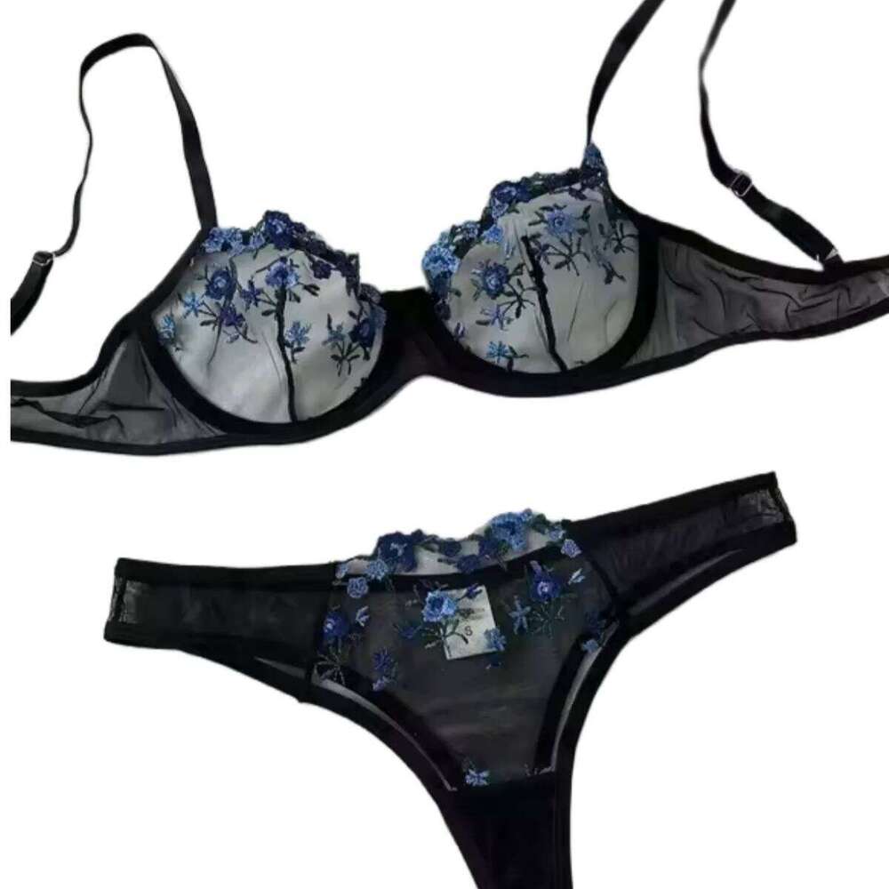 Erotic Embroidery Blue floral fragments Lace Babydoll Sensual Lingerie Bra For Women Underwear Intimate Sexi Panty Set 2024