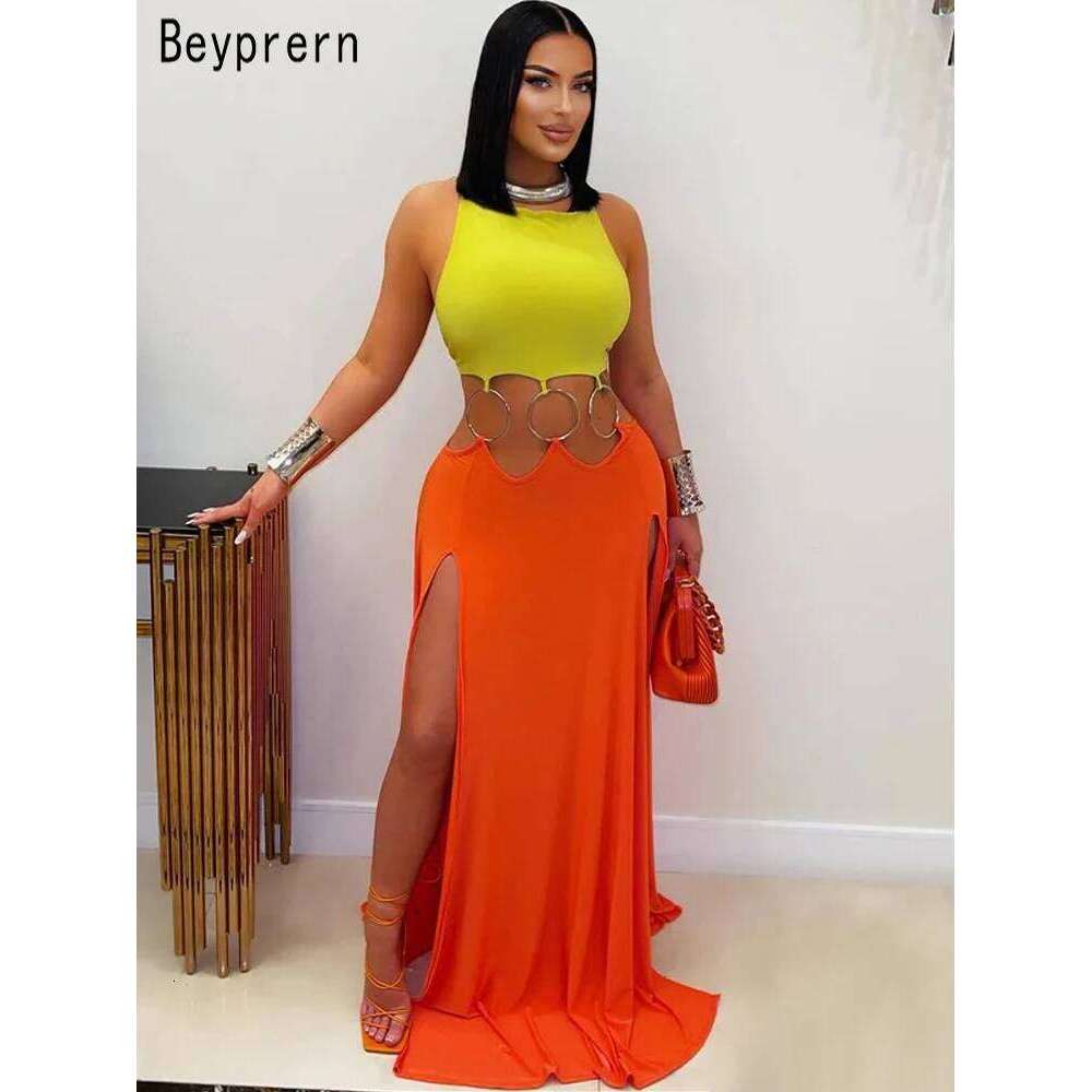 Beyprern Women's Hollow Out O-Rings Metal Long Fashion Backless Bandage Holiday Dresses Vacation Outfits Sexy Clubwear