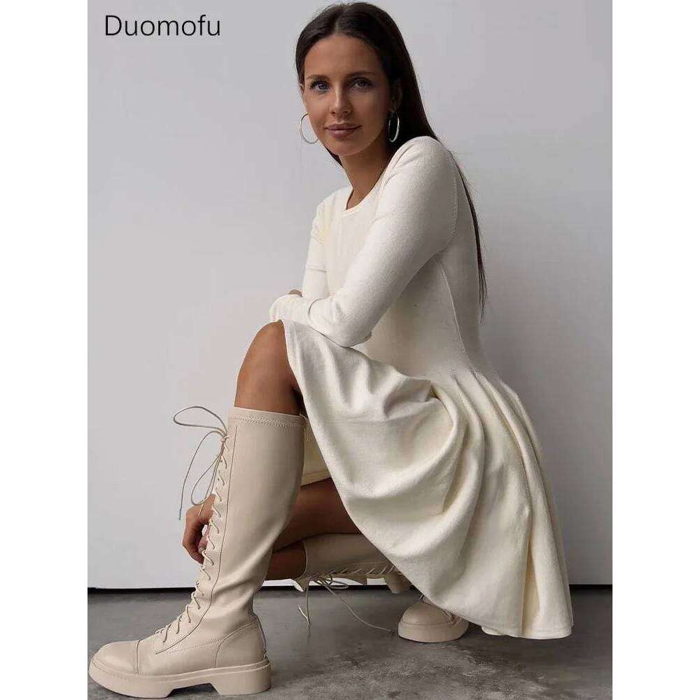 Duomofu Knit Mini Dresses Women Autumn Winter Long Sleeve Sweater Female Elegant Fashion Slim A Line Pleated Dress Vestido Z260314
