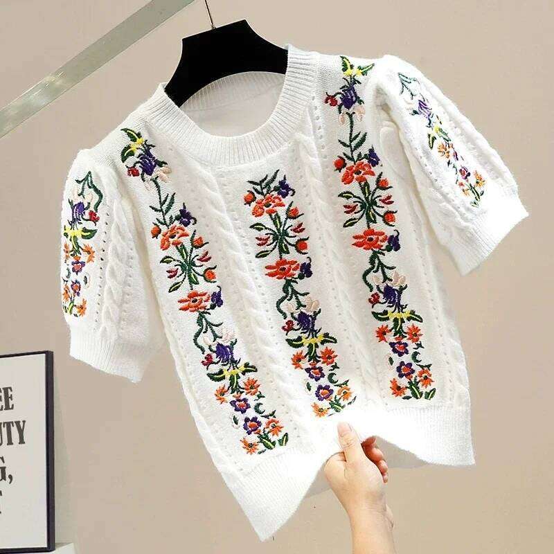 Vintage Elegant Embroidered Knitted Sweater Tshirt Women Summer Puff Sleeve O-neck Tops Pullovers Stylish Fashion Chic Knitwear Z260313