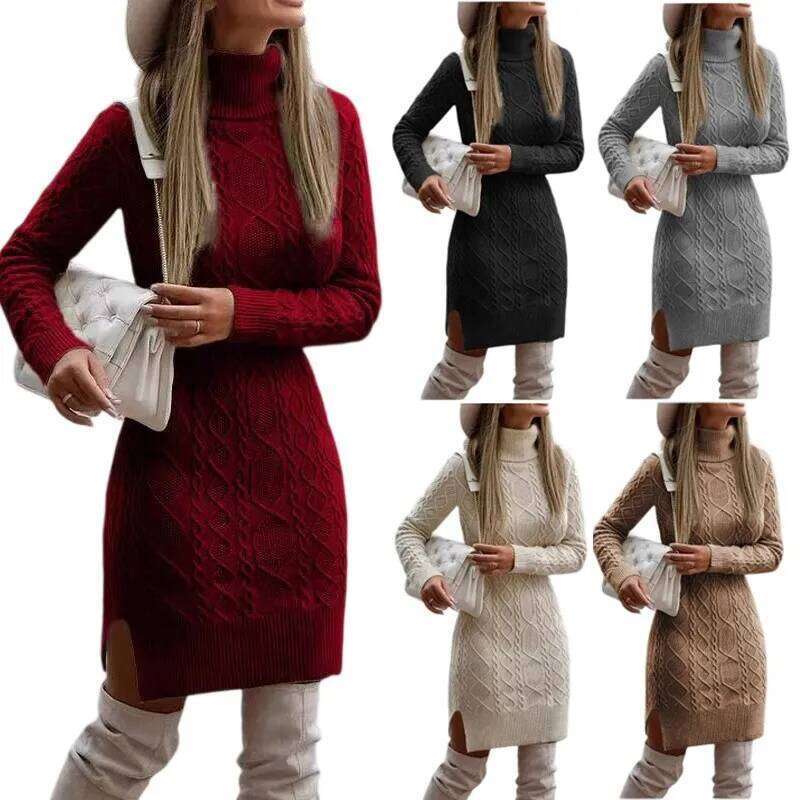 Slim-Fit Long-Sleeved Pullover Knit Collared Autumn Winter New Women's Knitted Wrap Hip Skirt Sweater Dress Z260313