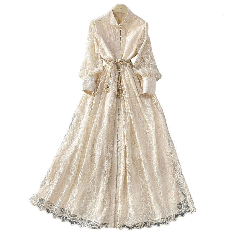 Women's French retro lace embroidered stand up collar lantern sleeve new single breasted waist cinching slim fit dress