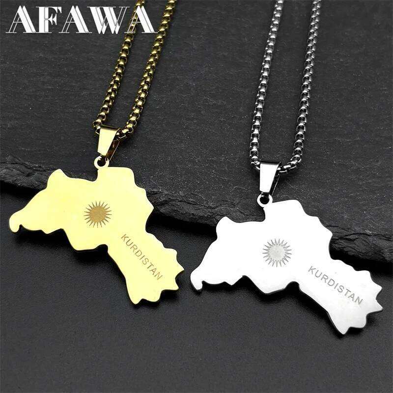 Kurdistan Map Flag Sun Symbol Pendant Necklace for Men Women Stainless Steel Gold Color Ethnic National Geography Chain Jewelry H260312