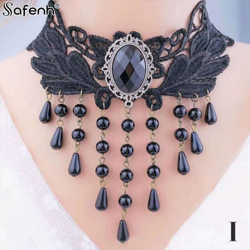 Gothic Victorian Black Necklace Women Girl Boho Crystal Tassel Sexy Lace Choker Steampunk Dark Loli Style Halloween Jewelry H260312