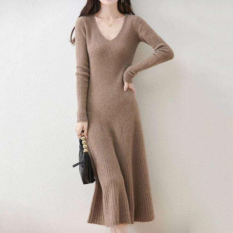 Solid Color Basic Sweater Dresses Women Casual All-Match V-Neck Sleeves Knitted Lady Soft Fit-Flare A-Line Long Dress Z260313