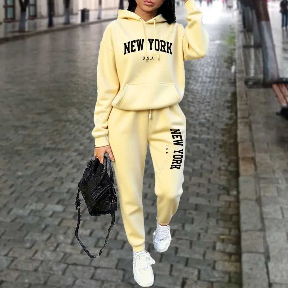 NEW YORK Womens TraCKsuit Autumn Winter Hoodies Trousers 2PCS Suit Sports Jogging Street CloTHes Women Pants Sets M260313