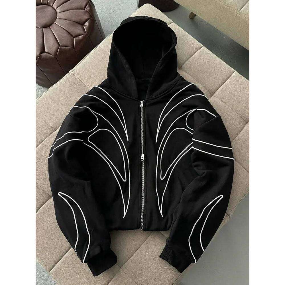 Street Retro Fashion Clothing Striped Embroidered Black Double Zipper Hoodie American Hip-hop Punk Oversized Sweatshirt women 26Y0313