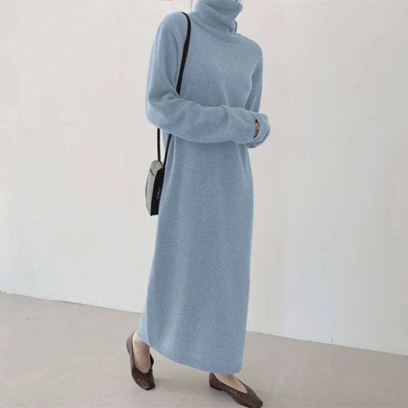 REALEFT Autumn Winter Loose Turtleneck Women's Knitted Dresses 2025 New Long Sleeve Vintage Straight A-line Dress Female Z260314