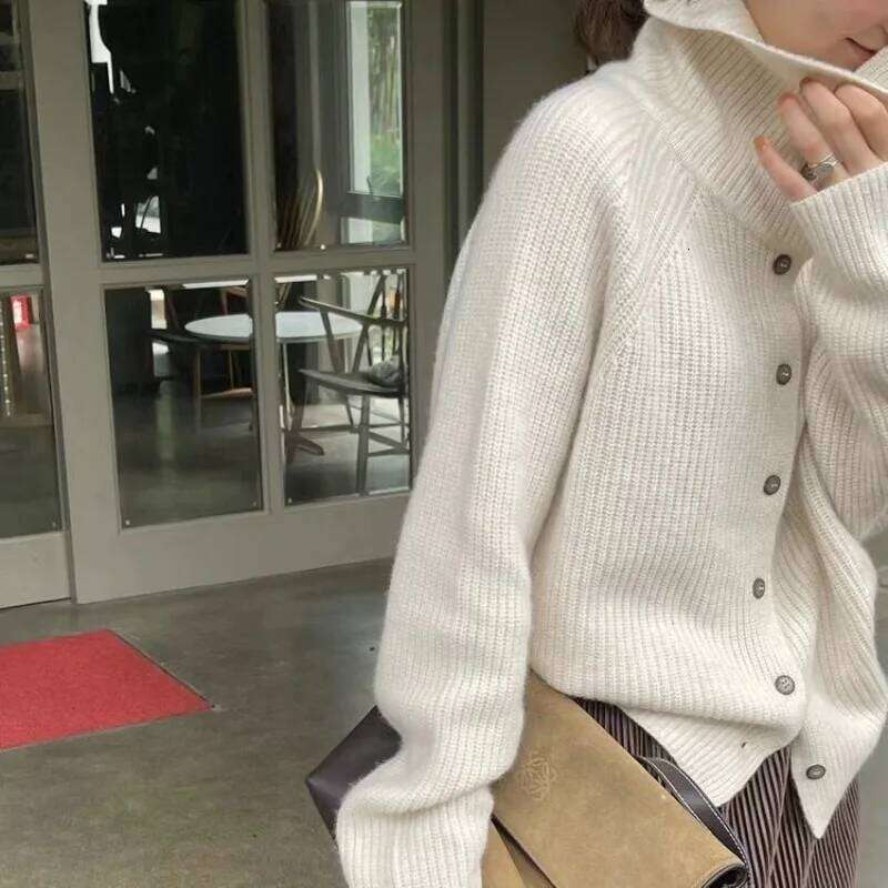 Women'S Stand Collar Cardigan Sweater Elegant Vintage Ribbed Long Sleeves Knitted Jumper Single Breasted Clothes Autumn Winter Z260313