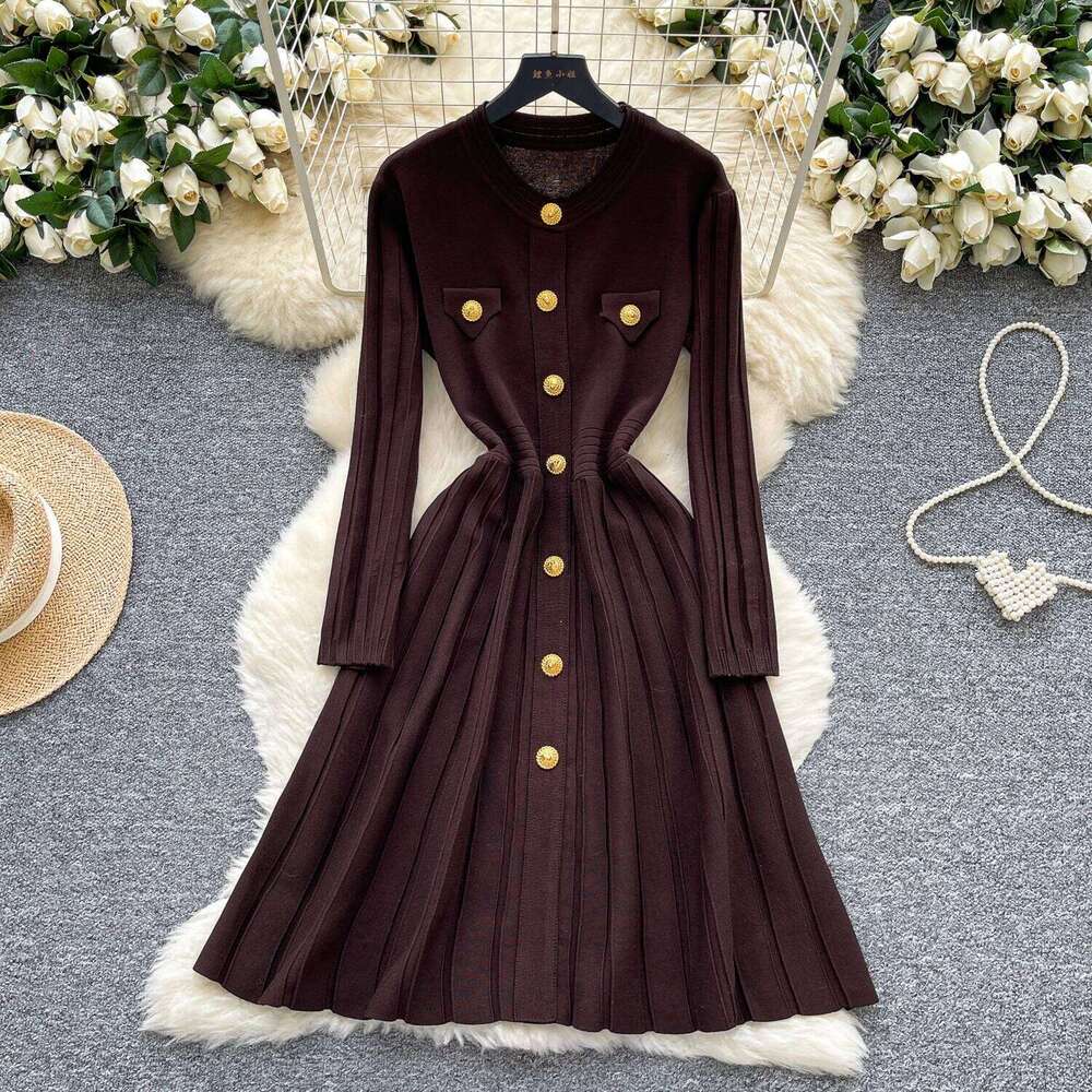 REALEFT Autumn Winter High Waist Knitted Umbrella A-line Dresses 2025 New Buttons O-neck Long Sleeve Loose Sweater Dress Female Z260314