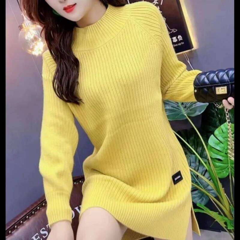 Autumn Winter Women Fashion Bright Silk Split Basic Knitted Sweater Dresses Female O Neck Long Sleeve Slim Pullover Midi Dress Z260314