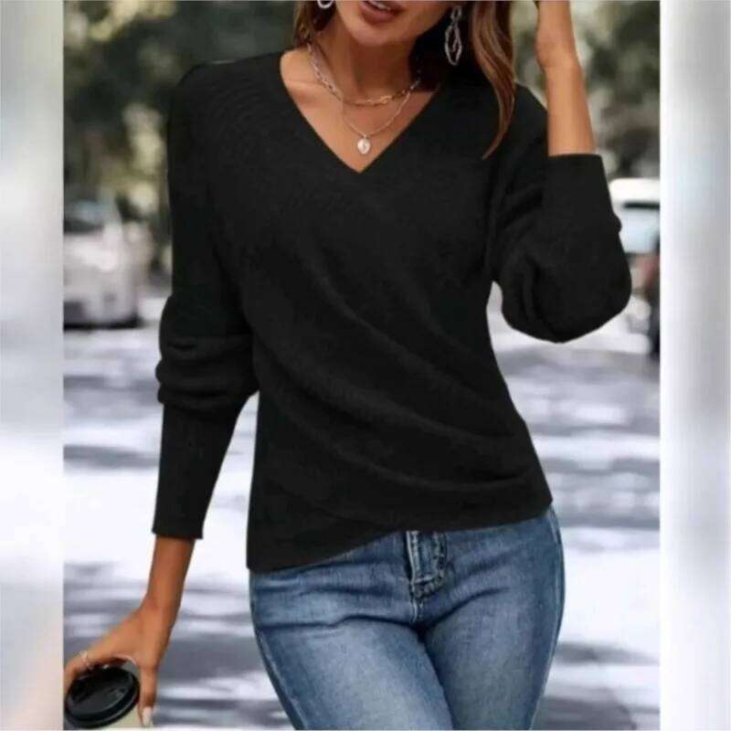 Elegance Woman For Knitted Sweater Spring Autumn Cross-design V-neck Solid Color Slim Tops Long Sleeve Office Lady Knitting Top Z260313
