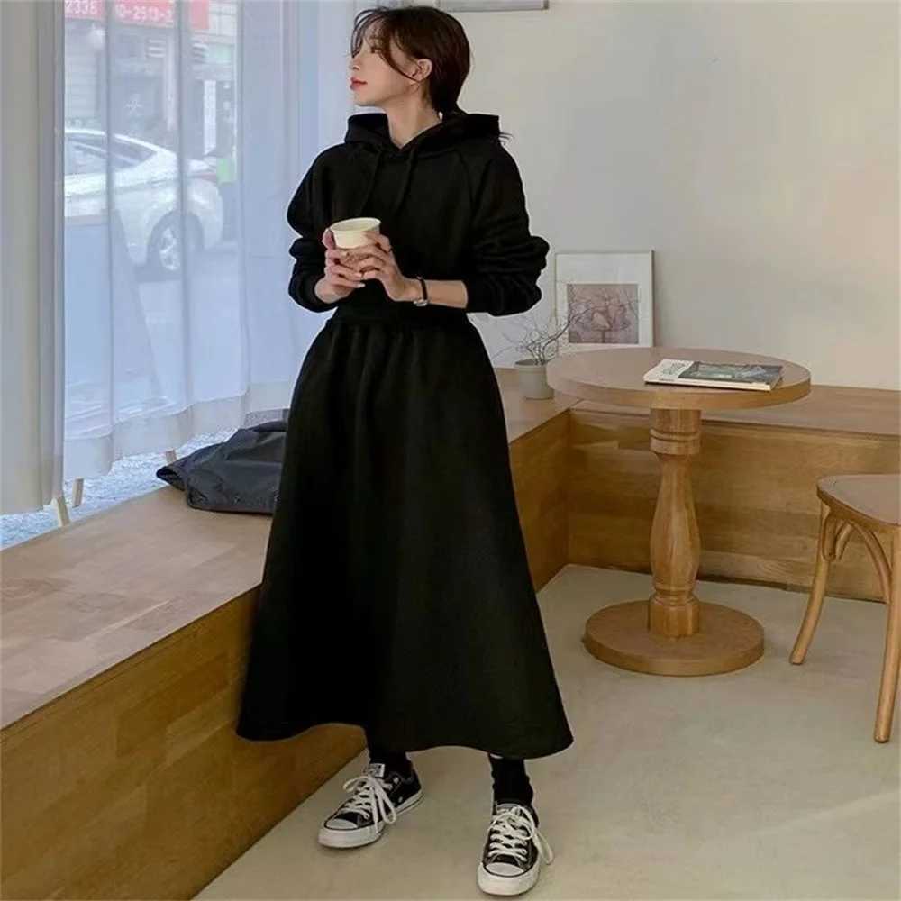 Hooded Hoodie Dresses Loose Dress Slimming Waist Casual Comfortable Long Skirt Korean Style Autumn Winter Simple Solid DressT260314