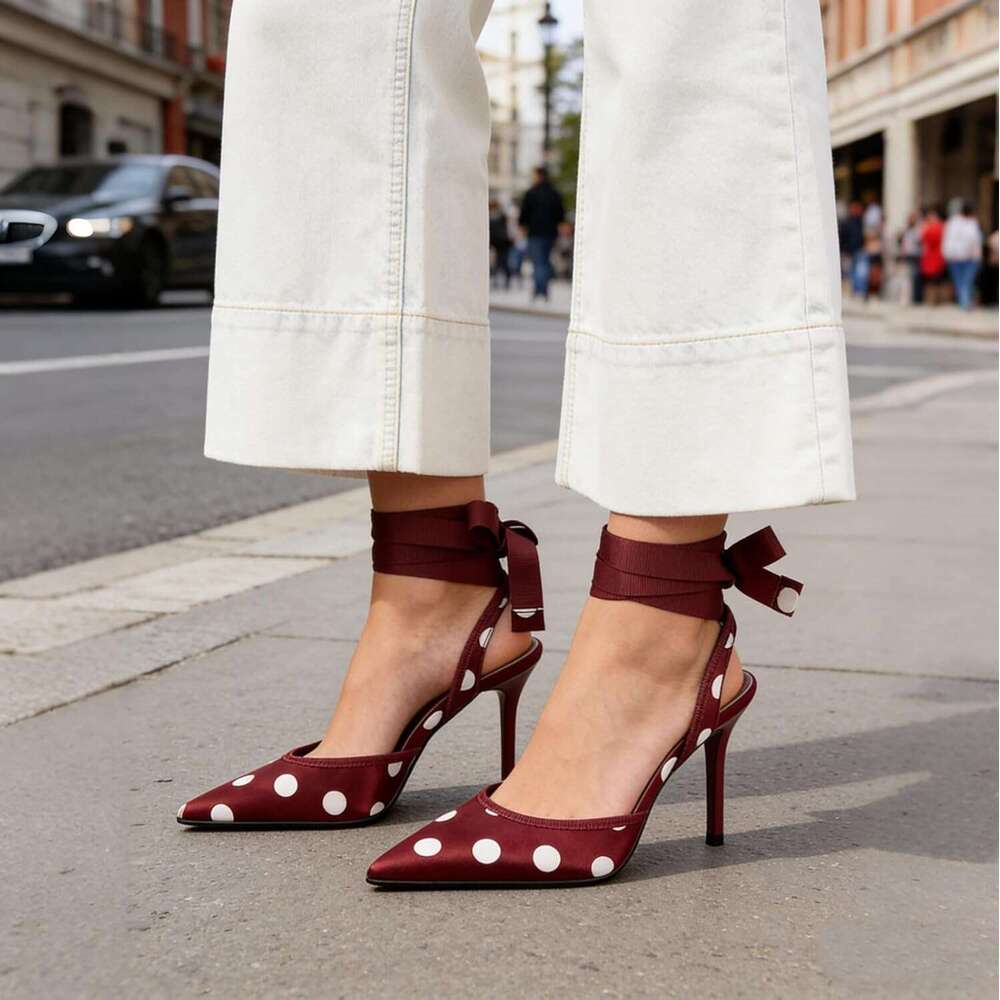 Polka Dot Heels For Women Pointed Toe Pumps Lace Up Satin Heeled Sandals Womens Stiletto Heel Shoes Evening Party Wedding MOJIDASHU