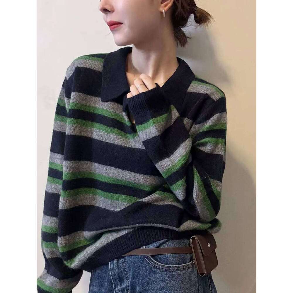 Contrast cashmere stripe new autumn sweater slim long sleeve pullover popular commuting style comfortable. Z260314