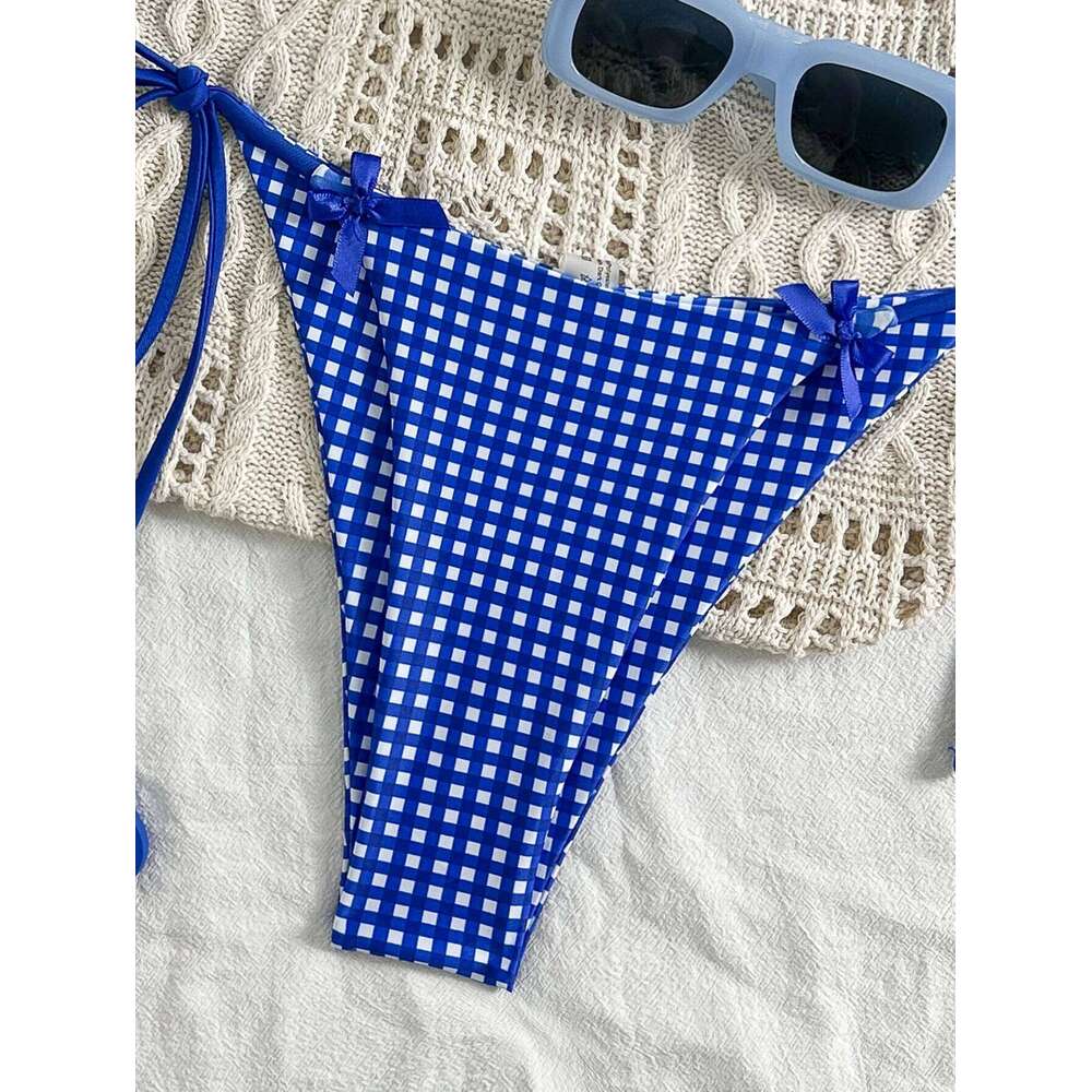 Women's Bikini Set, Ins-Style Picnic Mat Blue White Checkered Two-Piece Swimsuit, Popular Bow-Tie Sexy Halter Tie-Up Triangle Top an 26H0313