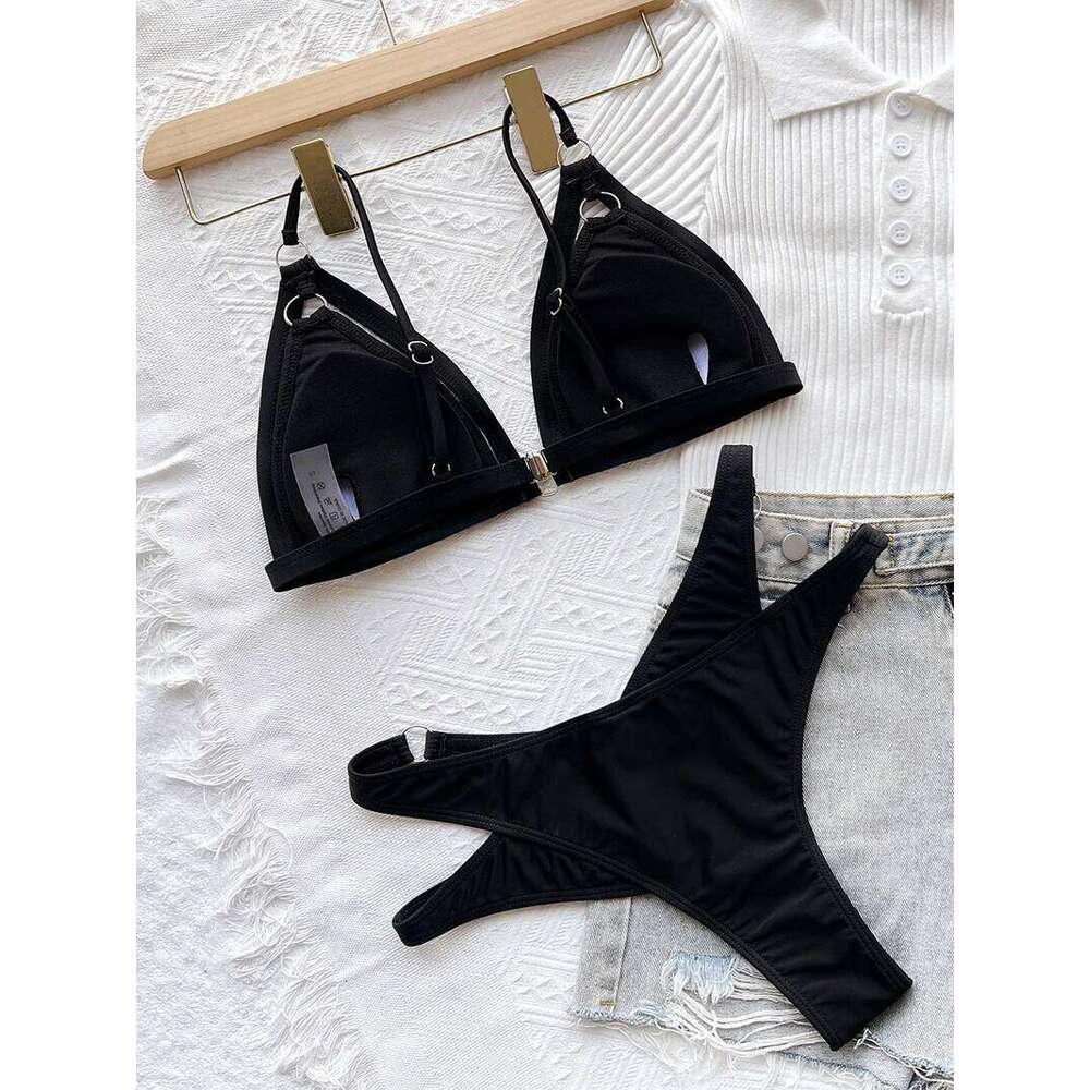 Push Up Women 2026 Sexy Solid Black Swimwear Two Piece Bathing Suit Straps Triangle Hollow Out Thong Bikini Set Swimsuits Y260303