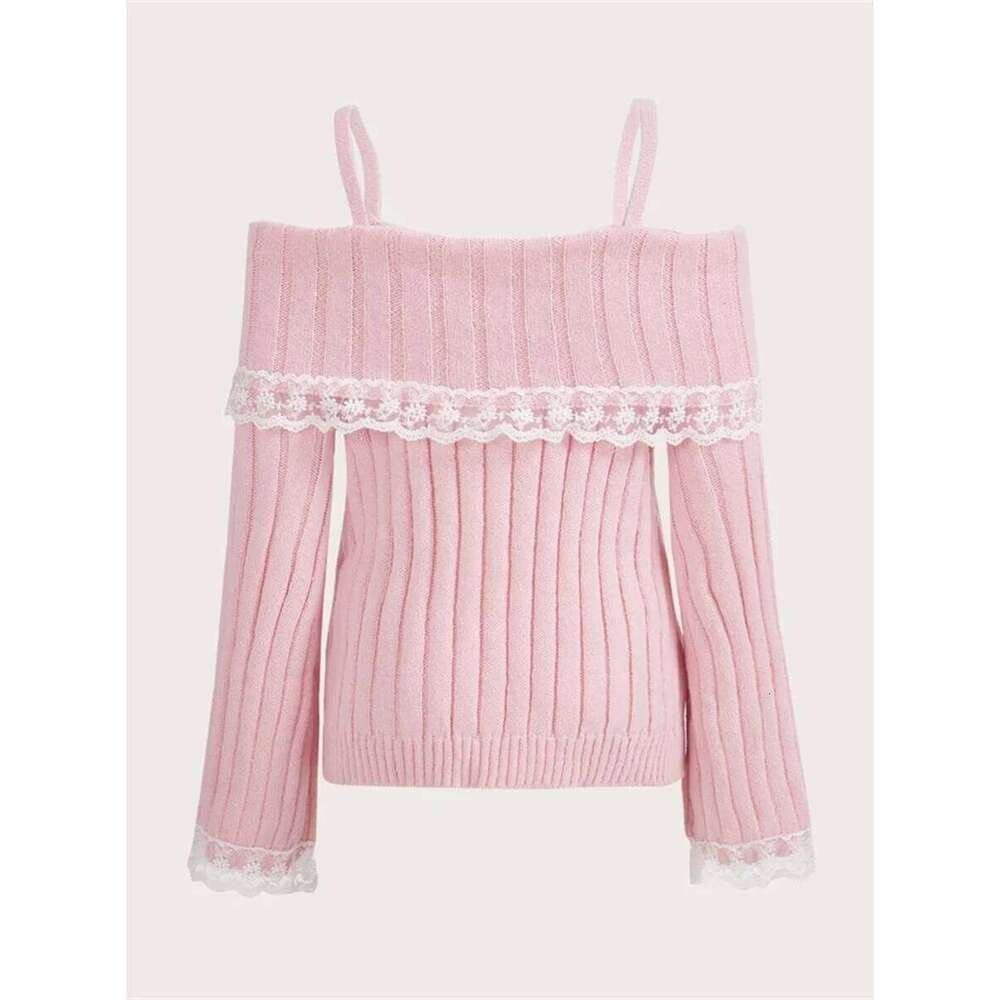 Grunge Women Off Shoulder Knit Sweater Pink Pullover Sweet Pullovers Long Sleeve Bow Lace Patchwork Jumpers Y2k Streetwear Z260313